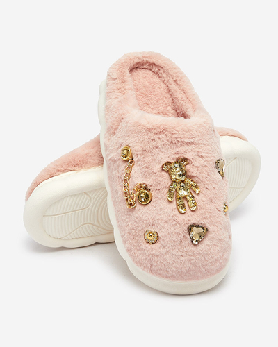Royalfashion Pink women's fur slippers with ornaments Erserra