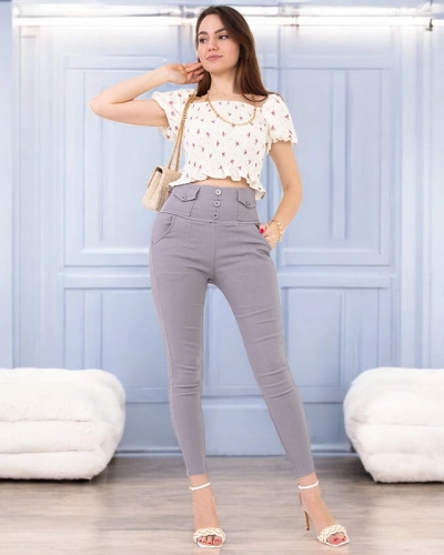 Gray women's treggings with buttons - Clothing