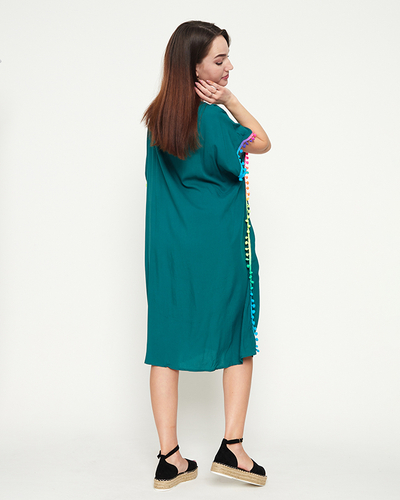 Dark green women's summer beach tunic with pompoms - Clothing