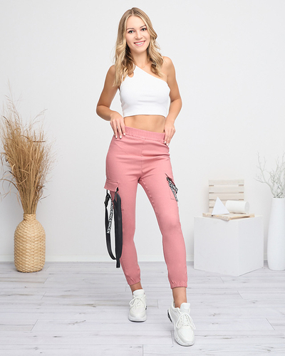 Dark pink women's cargo pants with a belt - Clothing