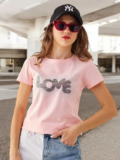Royalfashion Women's Cotton T-Shirt LOVE with Rhinestones