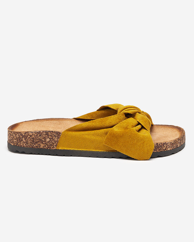 Royalfashion Mustard women's eco-suede flip-flops with bow Maqelia