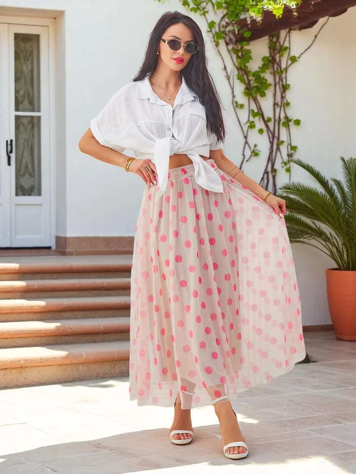 Royalfashion Women's viscose midi skirt with polka dot tulle