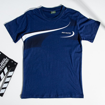 Navy blue men's cotton t-shirt with a print - Clothing