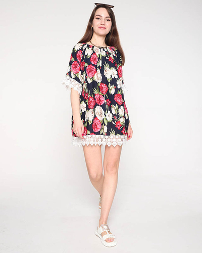 Tumši zila sieviešu blūze ar ziediem PLUS IZMĒRS - Apģērbs