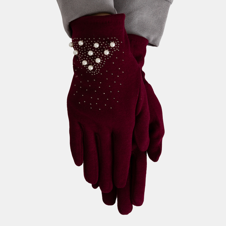 Maroon women's gloves with pearls - Accessories