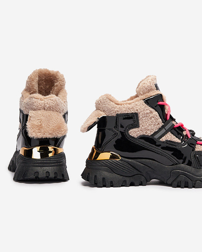 Черные женские спортивные кроссовки с мехом и неоново-розовыми шнурками Adbo- Footwear