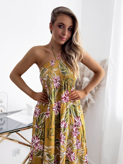 Желтое женское платье-миди с цветочным узором - Одежда