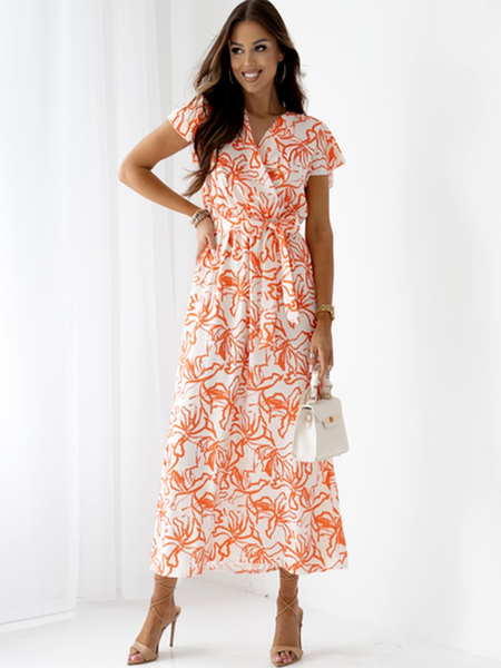 Royalfashion Patterned Women's midi dress with short sleeves, a wrap neckline, and a belt