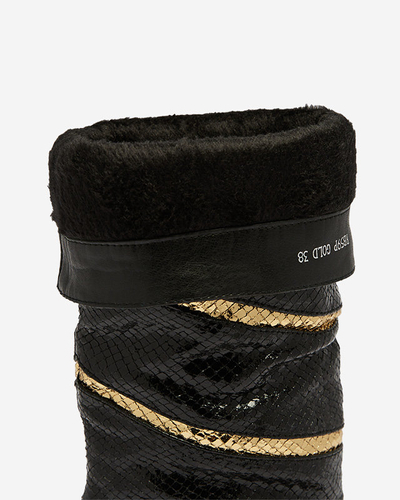 Черно-золотые женские сапоги на шпильке с тиснеными полосками Felifea- Footwear