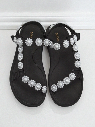 Royalfashion Perseida women's black platform sandals with pearls