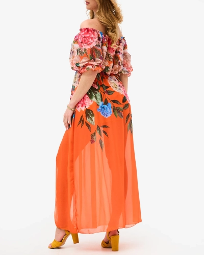 Orange women's long dress with floral lining - Clothing