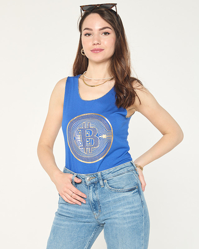 Ladies' top with gold print in dark blue - Clothing