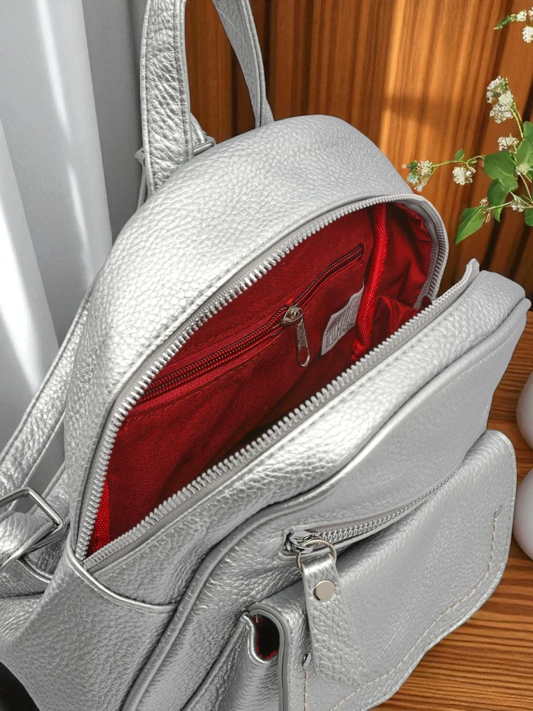 Selene Silver Faux Leather Women's Backpack by Królewska Moda, 25x25 cm