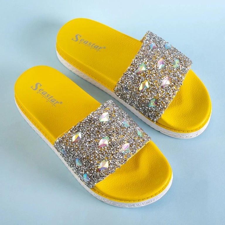 OUTLET Yellow women's platform slippers with cubic zirconia Sailor - Footwear