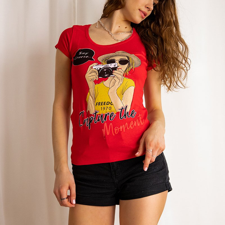 Women's red cotton t-shirt with print - Clothing