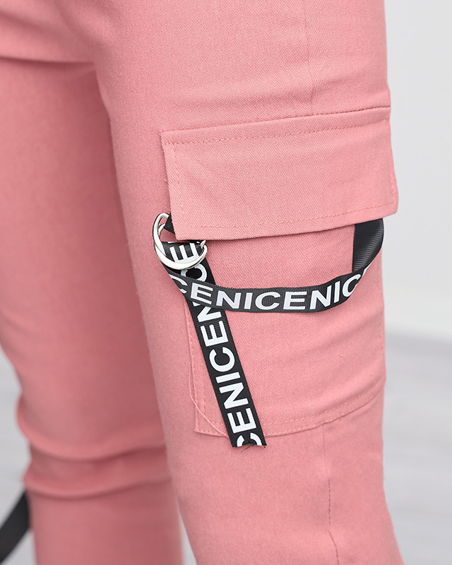 Dark pink women's cargo pants with a belt - Clothing