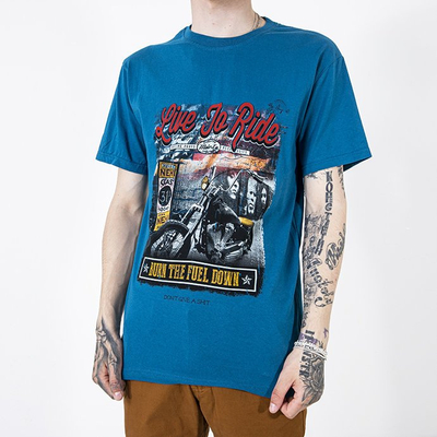 Tirkīza kokvilnas vīriešu t-krekls ar krāsainu apdruku - Apģērbs