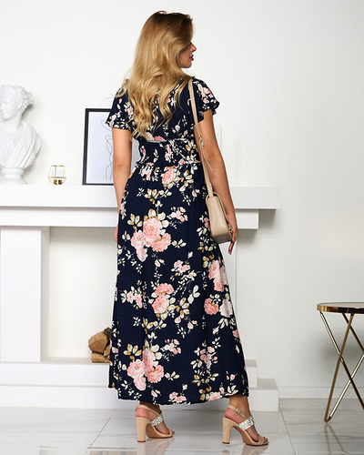 Navy airy women's floral dress with short sleeves - Clothing