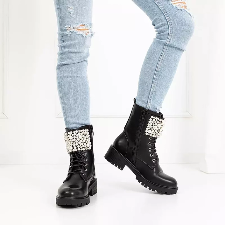 OUTLET Black boots with Mais pearls - Footwear
