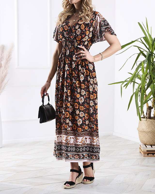Women's floral maxi dress in black and orange - Clothing