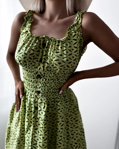 Women's knee-length dress with print in green- Clothing