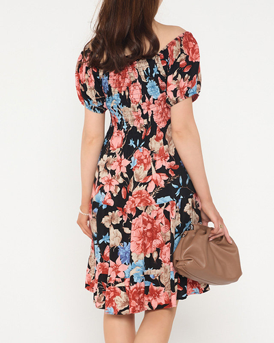 Melna sieviešu minikleita ar ziediem ar atvērtu muguru - Apģērbs