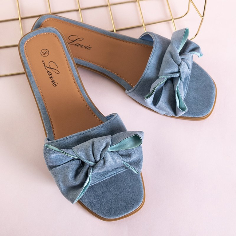 Blue women's slippers with a Bonjour bow - Shoes