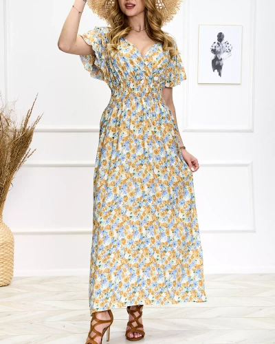Blue and yellow women's floral midi dress - Shoes