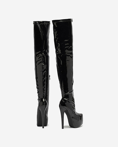 Women's lacquered over-the-knee boots in black Leccie- Footwear