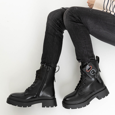 Black women's ankle boots with flat heels with Sidora decorations - Footwear