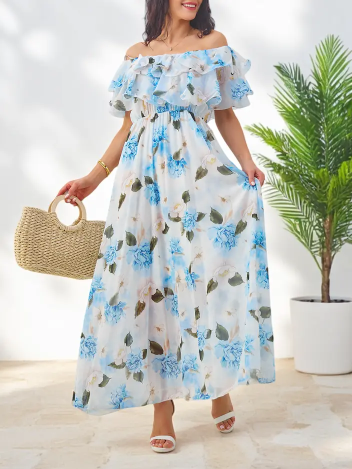 Royalfashion Sieviešu kleita ar atvērtām plecu daļām un īsām piedurknēm dažādās ziedu motīvos