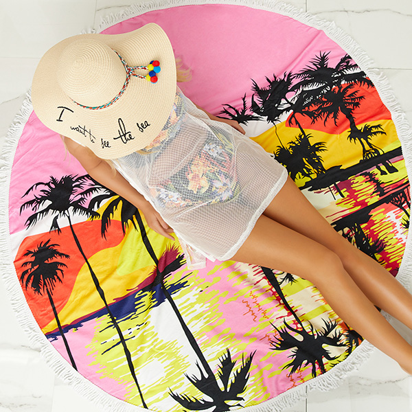 Yellow large beach towel with a colorful print and tassels - Accessories