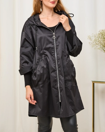 Melna sieviešu mēteļa jaka ar kapuci- Apģērbs
