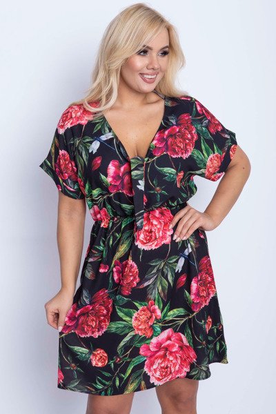 Czarna sukienka w kwiaty PLUS SIZE - Odzież