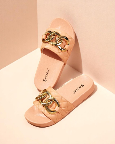 Royalfashion Coral women's quilted flip-flops with gold chain Eteris