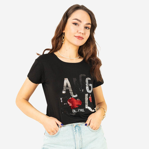 Black ladies t-shirt with sequin text - Clothing
