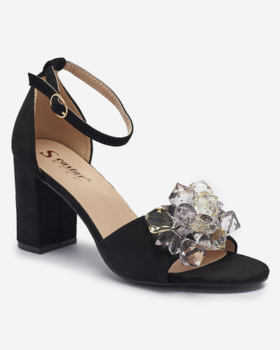 Women's sandals on a post with decorative crystals in black Berlogo- Footwear