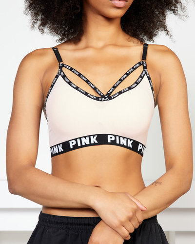 Women's pink sports bra with inscriptions - Underwear