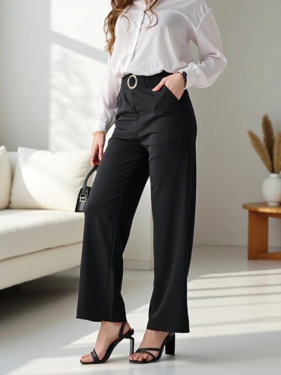 Royalfashion Wide women's trousers with a decorative buckle