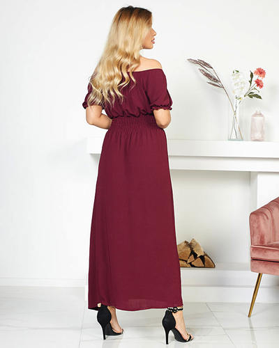 Midi dress with an elastic waist in burgundy color - Clothing