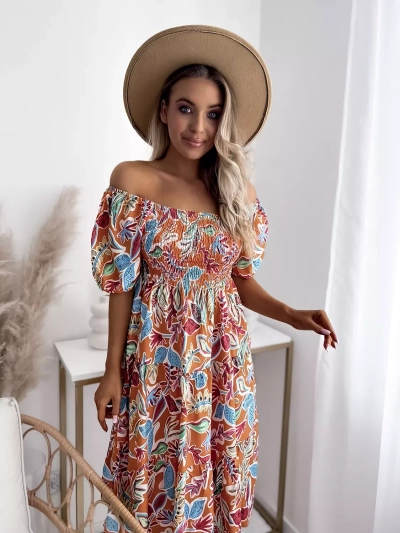 Orange short women's dress with open shoulders - Clothing