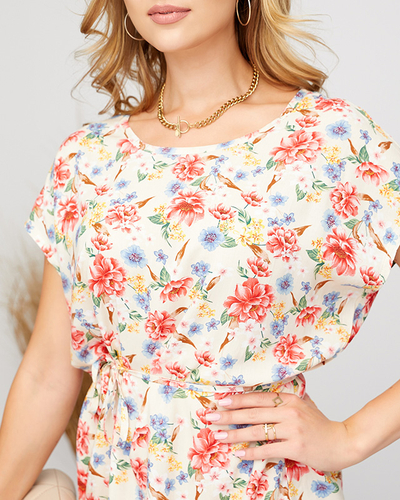 Women's beige simple dress with a floral pattern - Clothing