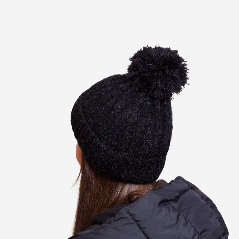 Black women's insulated glossy beanie with pompom - Accessories