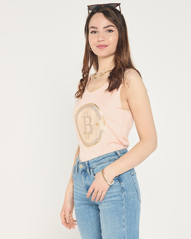 Women's top with golden print in light pink color - Clothing