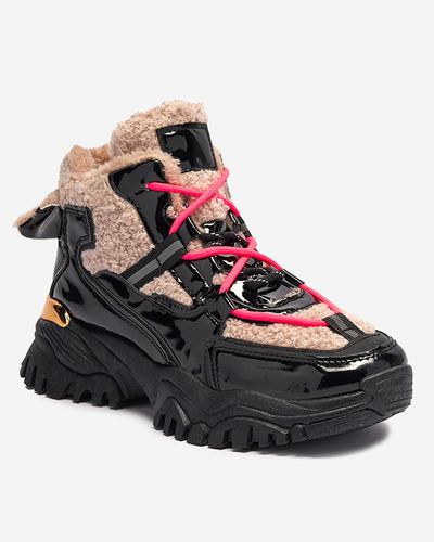 Melni sieviešu sporta apavi ar kažokādu un neona rozā šņorēm Adbo- Footwear