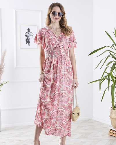 Patterned pink women's midi dress Clothing