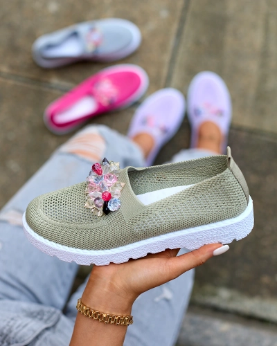 Royalfashion Khaki women's fabric moccasins with crystals Fezens