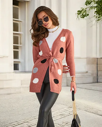 Dark pink women's tied cardigan with colored circles - Clothing