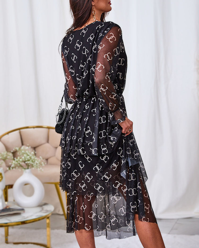 Royalfashion Black mesh midi dress with print